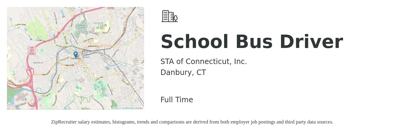 STA of Connecticut, Inc. job posting for a School Bus Driver in Danbury, CT with a salary of $18 to $26 Hourly with a map of Danbury location.