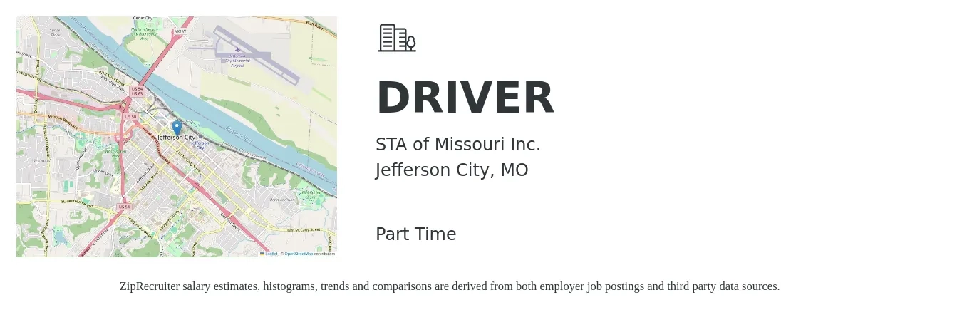STA of Missouri Inc. job posting for a DRIVER in Jefferson City, MO with a salary of $16 to $24 Hourly with a map of Jefferson City location.