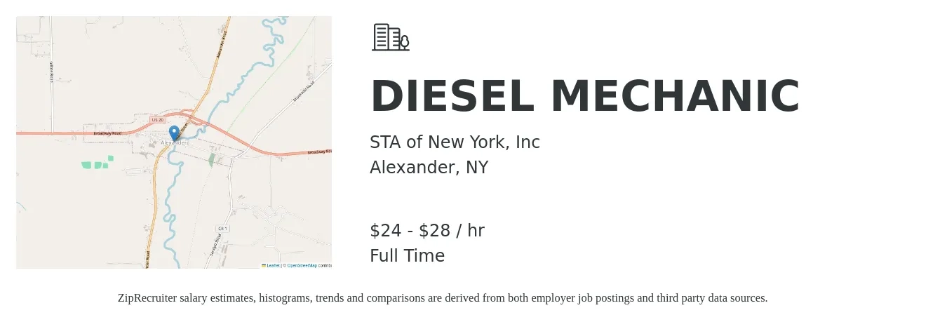 STA of New York, Inc job posting for a DIESEL MECHANIC in Alexander, NY with a salary of $25 to $30 Hourly with a map of Alexander location.