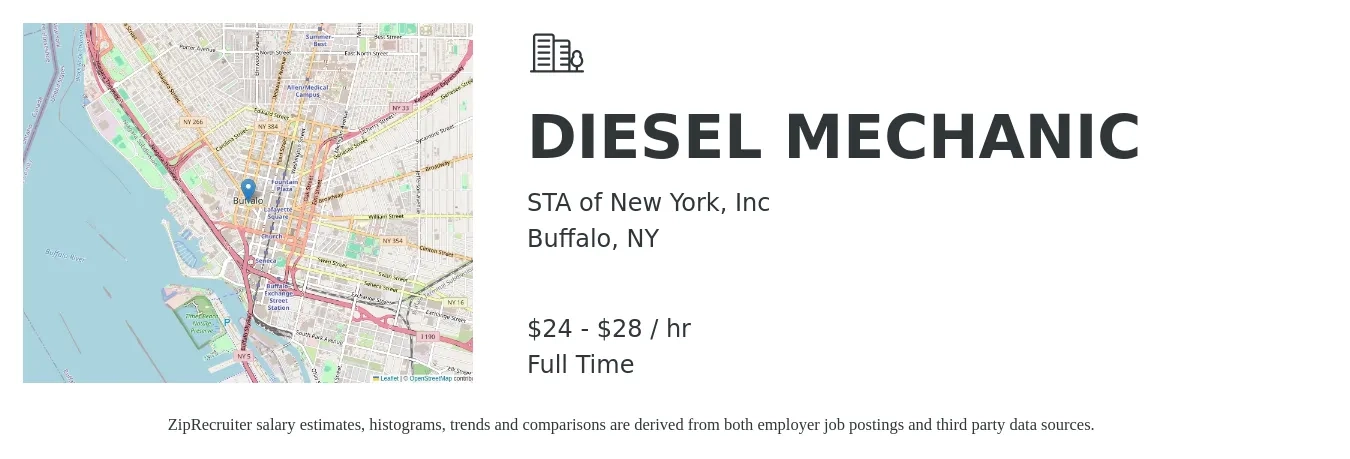 STA of New York, Inc job posting for a DIESEL MECHANIC in Buffalo, NY with a salary of $25 to $30 Hourly with a map of Buffalo location.