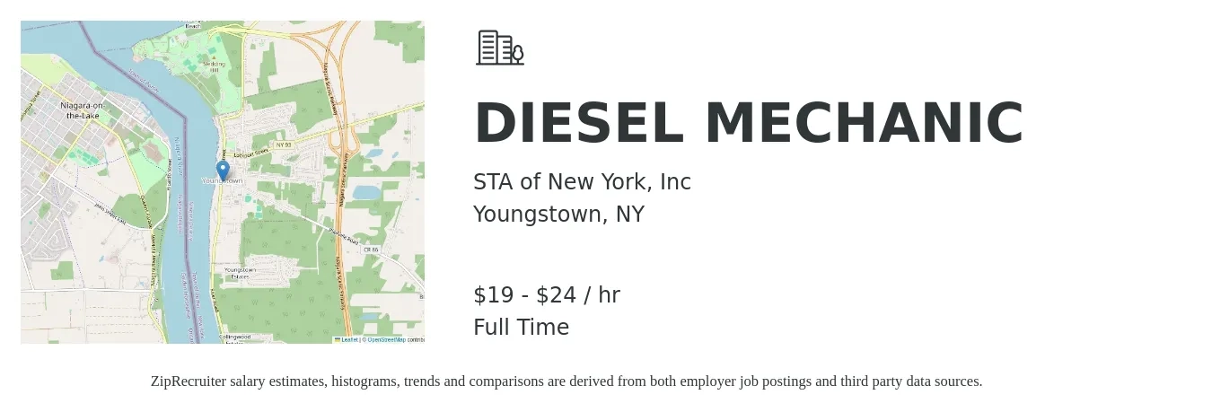 STA of New York, Inc job posting for a DIESEL MECHANIC in Youngstown, NY with a salary of $20 to $25 Hourly with a map of Youngstown location.