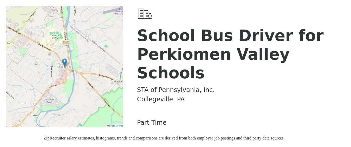STA of Pennsylvania, Inc. job posting for a School Bus Driver for Perkiomen Valley Schools in Collegeville, PA with a salary of $17 to $25 Hourly with a map of Collegeville location.