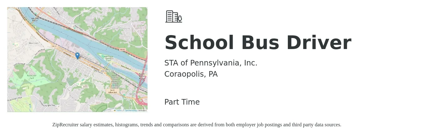 STA of Pennsylvania, Inc. job posting for a School Bus Driver in Coraopolis, PA with a salary of $17 to $24 Hourly with a map of Coraopolis location.