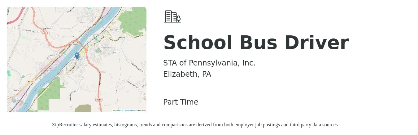 STA of Pennsylvania, Inc. job posting for a School Bus Driver in Elizabeth, PA with a salary of $16 to $24 Hourly with a map of Elizabeth location.