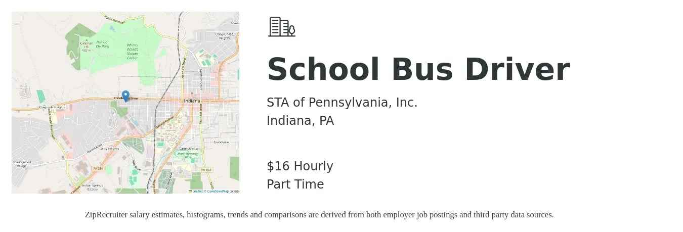 STA of Pennsylvania, Inc. job posting for a School Bus Driver in Indiana, PA with a salary of $17 Hourly with a map of Indiana location.