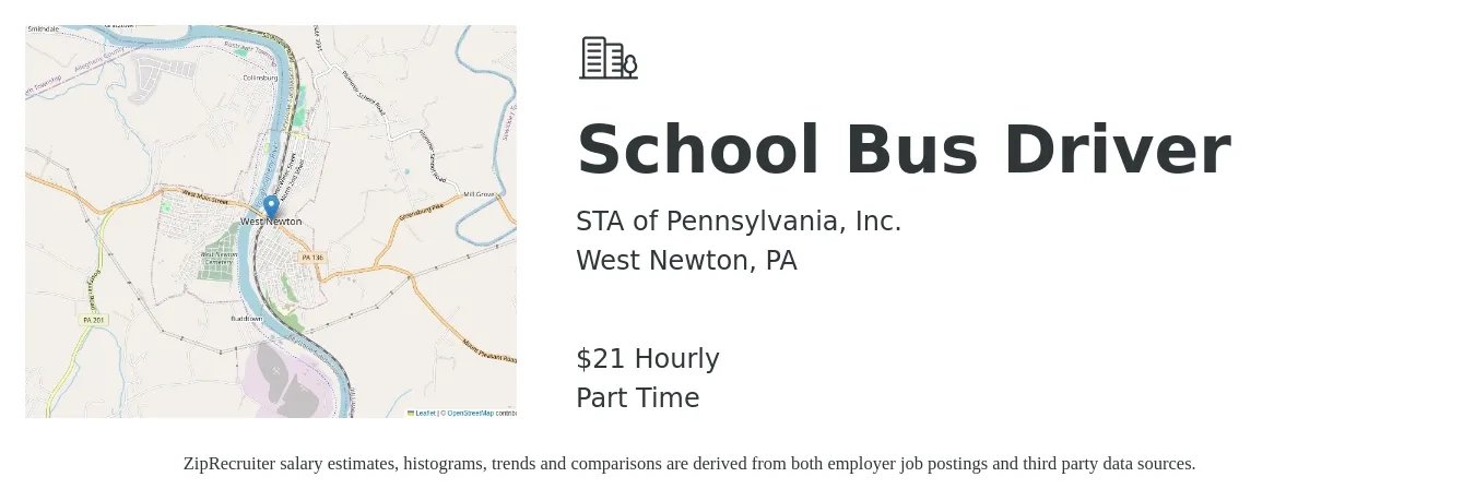 STA of Pennsylvania, Inc. job posting for a School Bus Driver in West Newton, PA with a salary of $23 Hourly with a map of West Newton location.