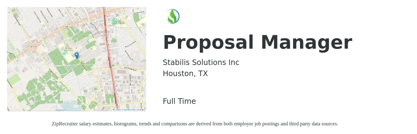 Stabilis Solutions, Inc job posting for a Proposal Manager in Houston, TX with a salary of $76,800 to $112,600 Yearly with a map of Houston location.