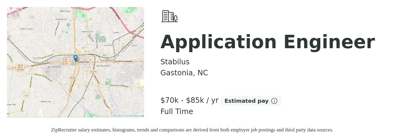 Stabilus job posting for a Application Engineer in Gastonia, NC with a salary of $70,000 to $85,000 Yearly with a map of Gastonia location.