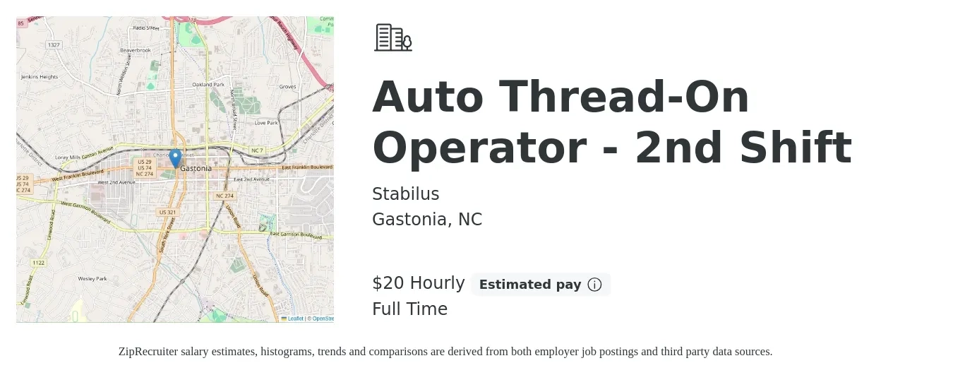 Stabilus job posting for a Auto Thread-On Operator - 2nd Shift in Gastonia, NC with a salary of $21 Hourly with a map of Gastonia location.
