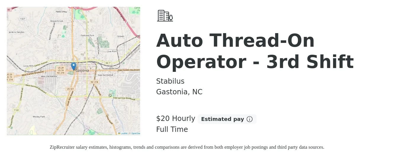 Stabilus job posting for a Auto Thread-On Operator - 3rd Shift in Gastonia, NC with a salary of $21 Hourly with a map of Gastonia location.