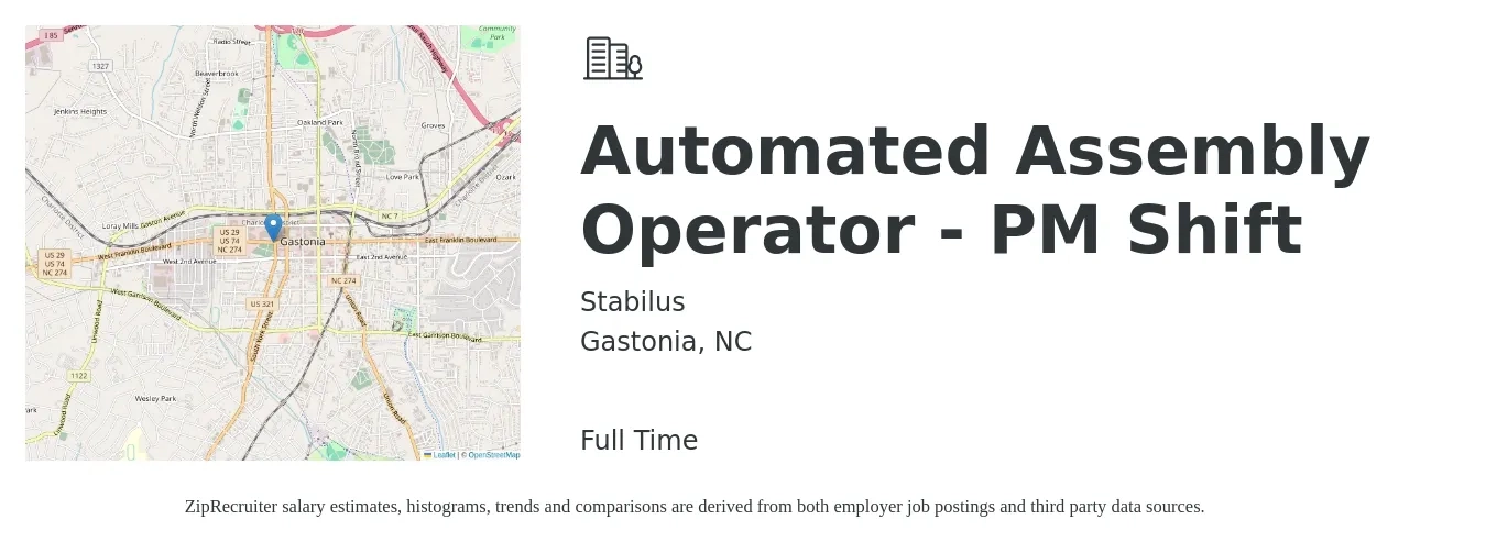 Stabilus job posting for a Automated Assembly Operator - PM Shift in Gastonia, NC with a salary of $15 to $18 Hourly with a map of Gastonia location.