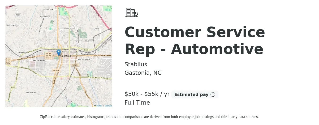 Stabilus job posting for a Customer Service Rep - Automotive in Gastonia, NC with a salary of $50,000 to $55,000 Yearly with a map of Gastonia location.