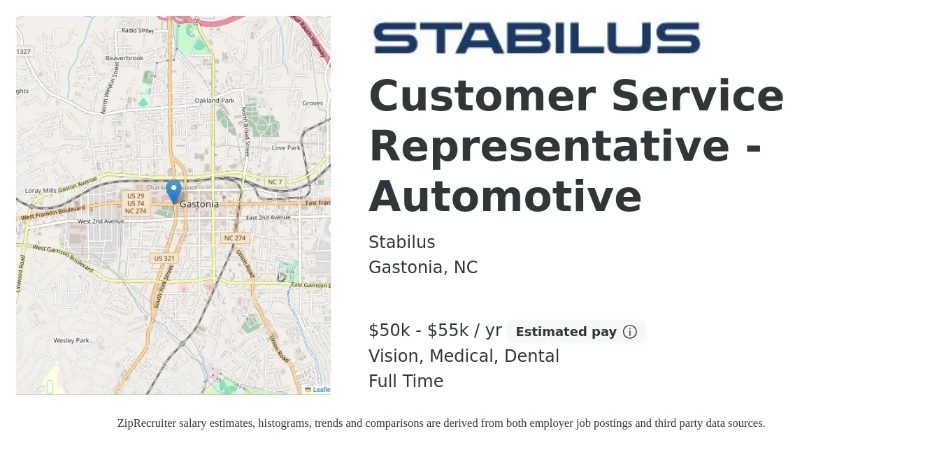Stabilus job posting for a Customer Service Representative - Automotive in Gastonia, NC with a salary of $50,000 to $55,000 Yearly and benefits including vision, dental, life_insurance, medical, and retirement with a map of Gastonia location.