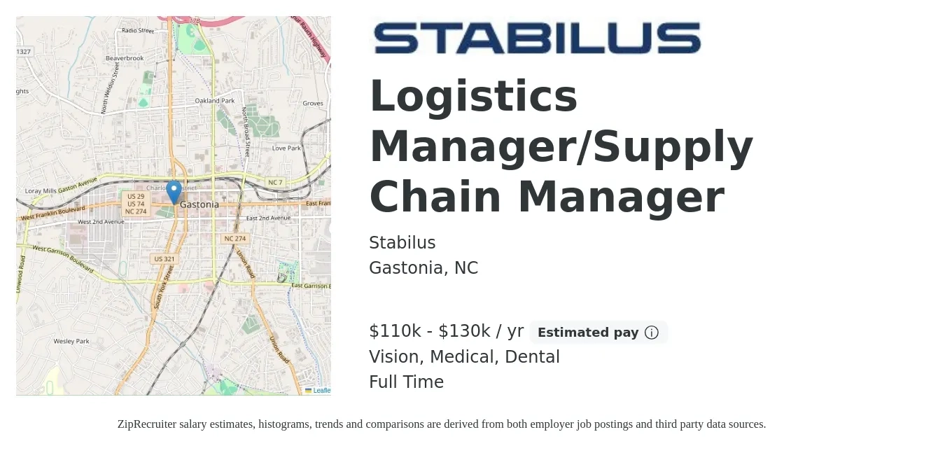 Stabilus job posting for a Logistics Manager/Supply Chain Manager in Gastonia, NC with a salary of $110,000 to $130,000 Yearly and benefits including dental, life_insurance, medical, retirement, and vision with a map of Gastonia location.