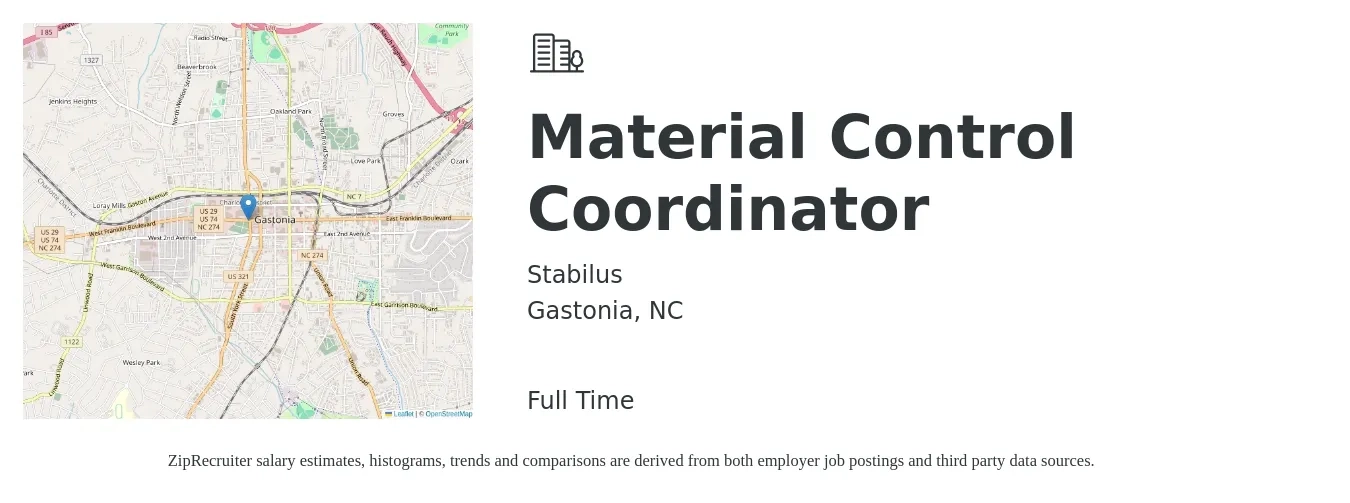 Stabilus job posting for a Material Control Coordinator in Gastonia, NC with a salary of $18 to $26 Hourly with a map of Gastonia location.