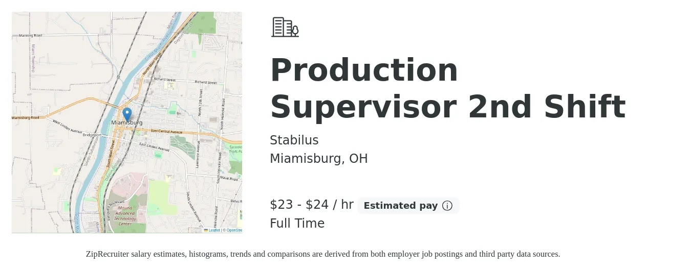 Stabilus job posting for a Production Supervisor 2nd Shift in Miamisburg, OH with a salary of $24 to $25 Hourly and benefits including life_insurance, medical, retirement, vision, and dental with a map of Miamisburg location.