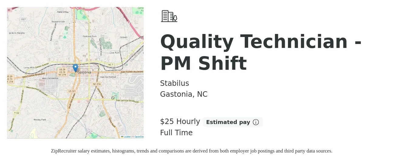 Stabilus job posting for a Quality Technician - PM Shift in Gastonia, NC with a salary of $26 Hourly with a map of Gastonia location.