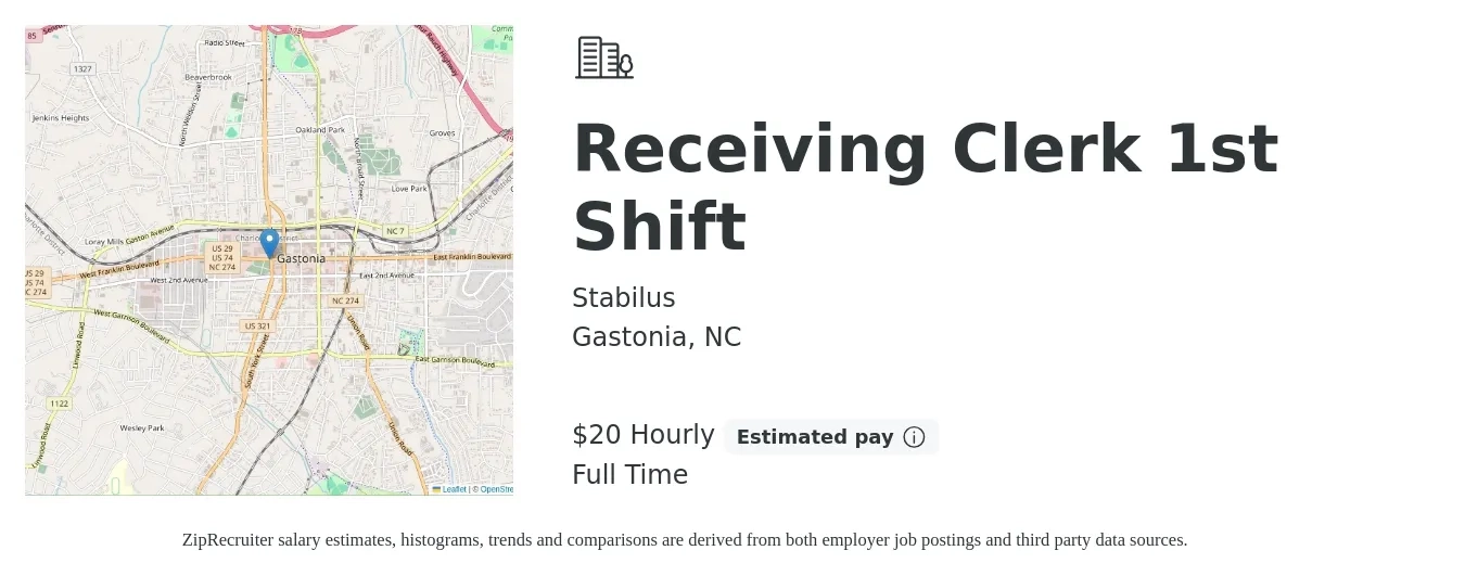 Stabilus job posting for a Receiving Clerk 1st Shift in Gastonia, NC with a salary of $21 Hourly with a map of Gastonia location.