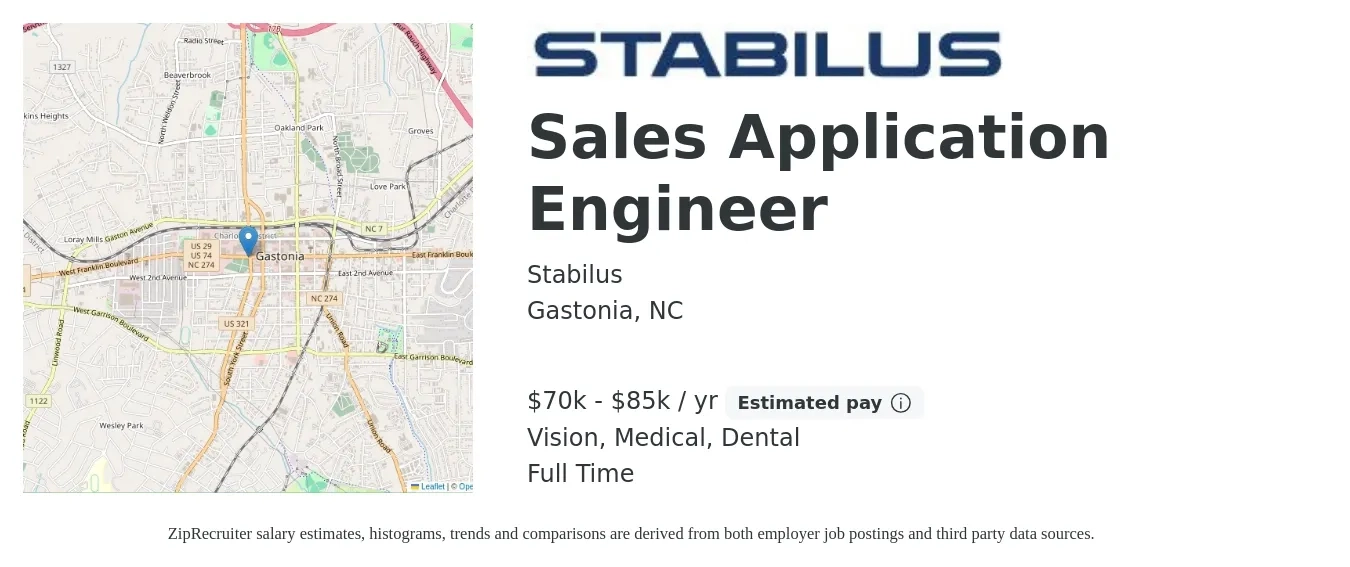 Stabilus job posting for a Sales Application Engineer in Gastonia, NC with a salary of $70,000 to $85,000 Yearly and benefits including dental, life_insurance, medical, retirement, and vision with a map of Gastonia location.