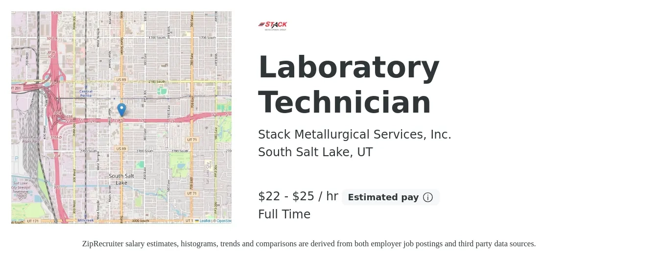 Stack Metallurgical Services, Inc. job posting for a Laboratory Technician in South Salt Lake, UT with a salary of $22 to $26 Hourly with a map of South Salt Lake location.