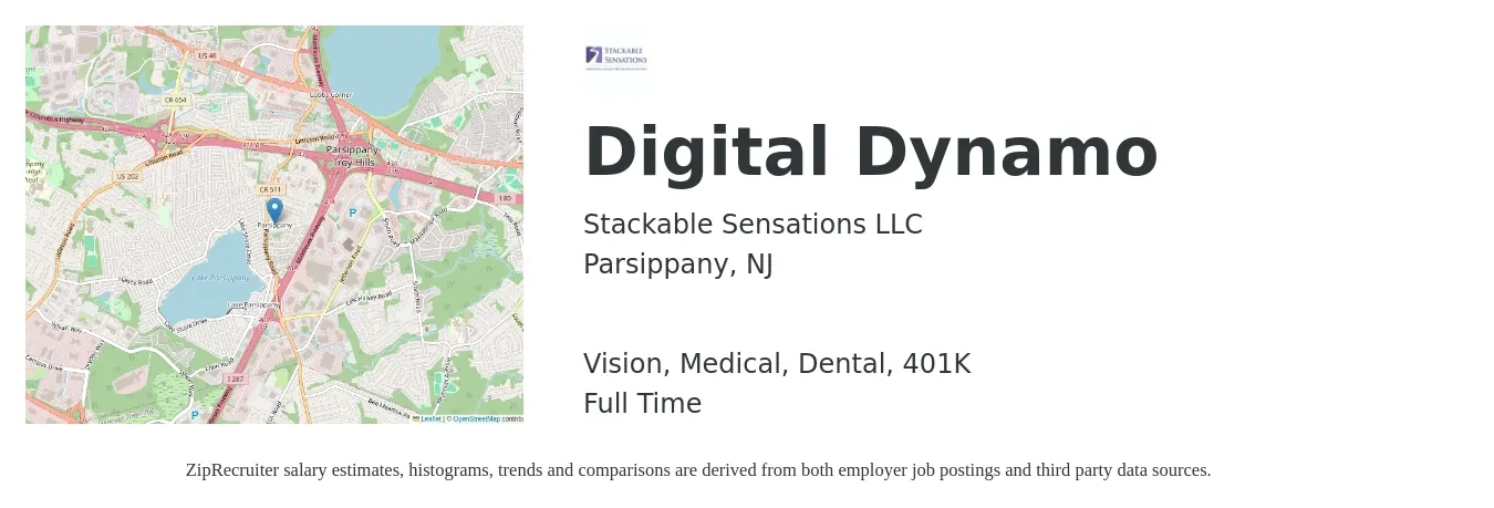 Stackable Sensations LLC job posting for a Digital Dynamo in Parsippany, NJ with a salary of $866 to $1,170 Weekly and benefits including 401k, dental, medical, and vision with a map of Parsippany location.