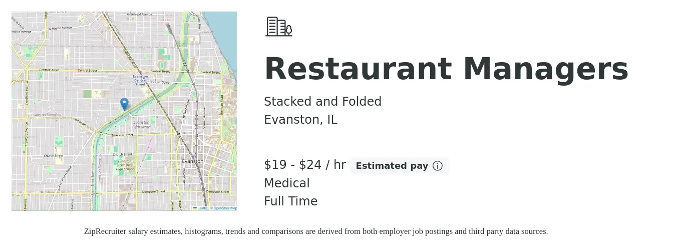 Stacked and Folded job posting for a Restaurant Managers in Evanston, IL with a salary of $20 to $25 Hourly (plus commission) and benefits including pto, retirement, and medical with a map of Evanston location.