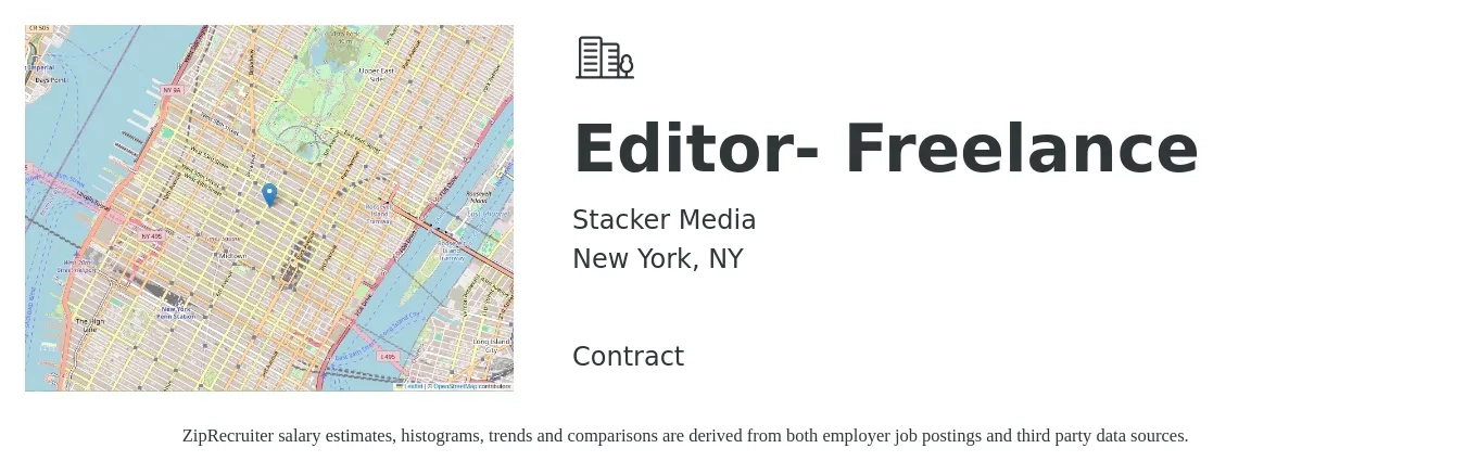 Stacker Media job posting for a Editor- Freelance in New York, NY with a salary of $54,700 to $79,300 Yearly with a map of New York location.