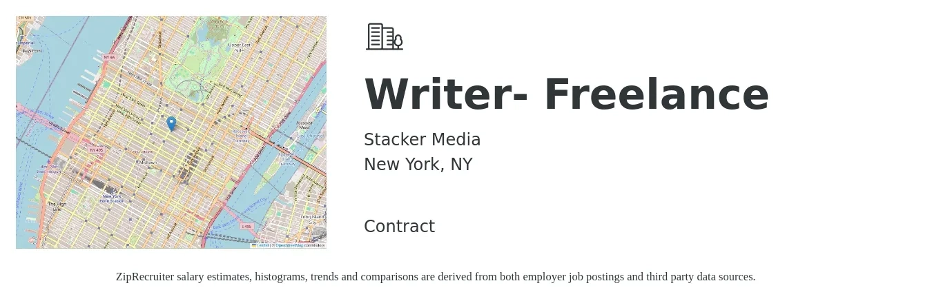 Stacker Media job posting for a Writer- Freelance in New York, NY with a salary of $23 to $30 Hourly with a map of New York location.