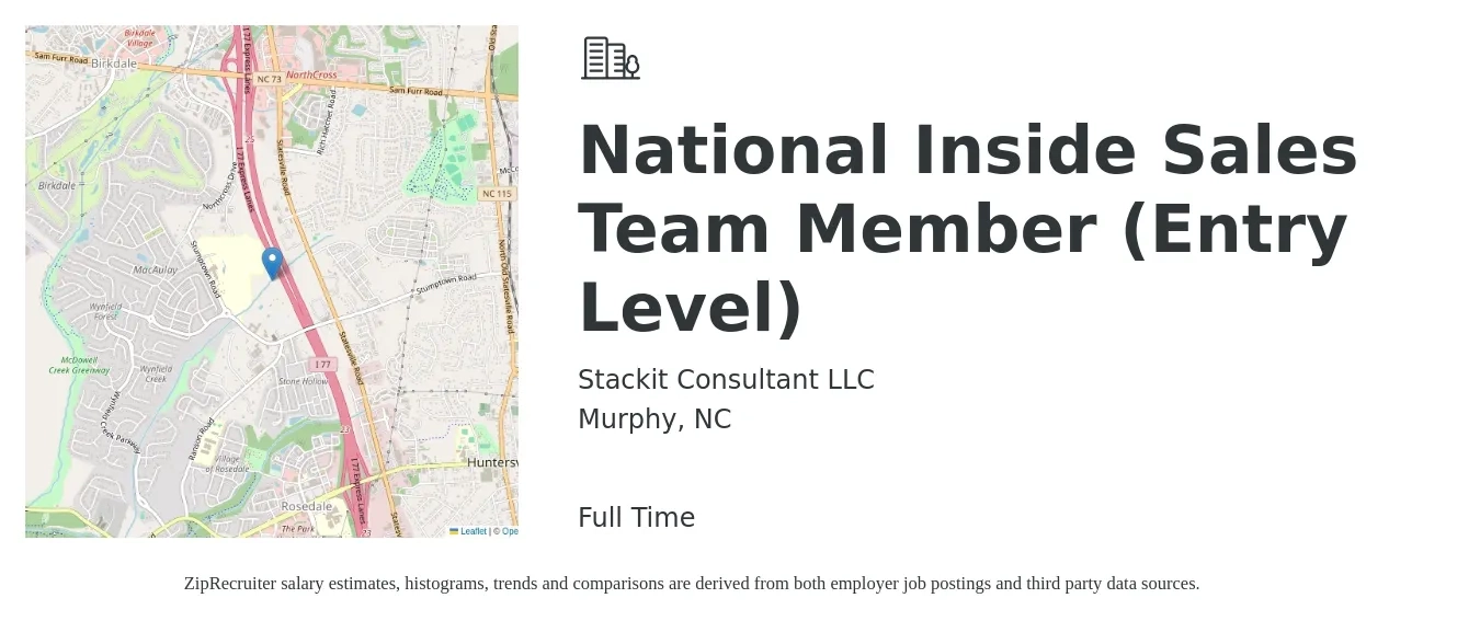 Stackit Consultant LLC job posting for a National Inside Sales Team Member (Entry Level) in Murphy, NC with a salary of $37,100 to $55,400 Yearly with a map of Murphy location.
