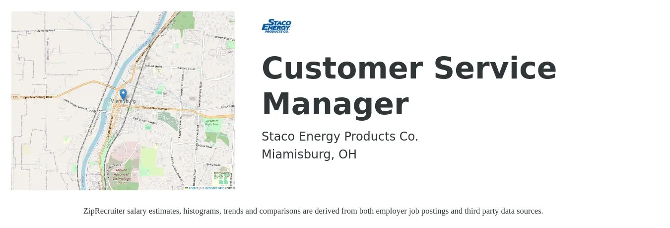 Staco Energy Products Co. job posting for a Customer Service Manager in Miamisburg, OH with a salary of $36,800 to $62,800 Yearly with a map of Miamisburg location.