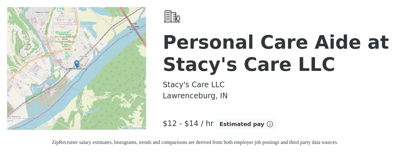 Stacy's Care LLC job posting for a Personal Care Aide at Stacy's Care LLC in Lawrenceburg, IN with a salary of $13 to $15 Hourly with a map of Lawrenceburg location.