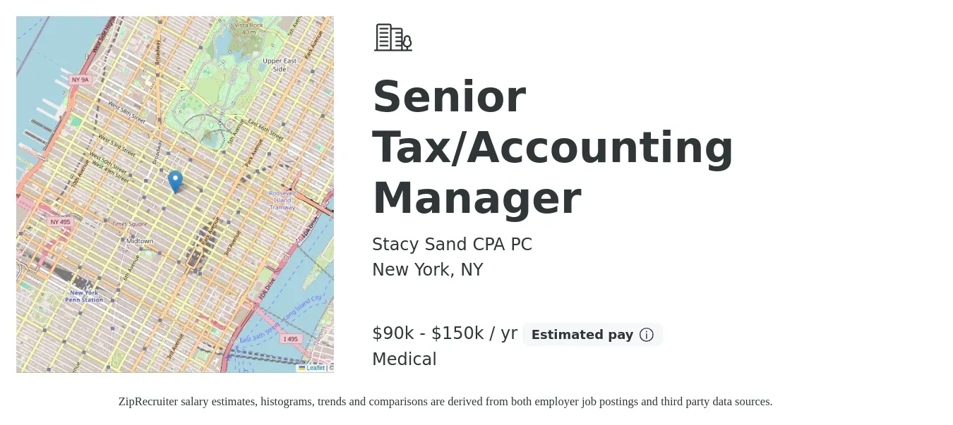 Stacy Sand CPA PC job posting for a Senior Tax/Accounting Manager in New York, NY with a salary of $90,000 to $150,000 Yearly (plus commission) and benefits including medical, and retirement with a map of New York location.