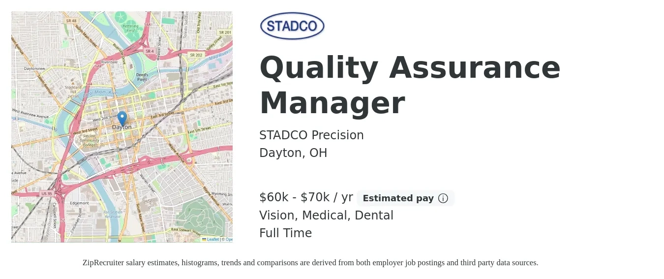 STADCO Precision job posting for a Quality Assurance Manager in Dayton, OH with a salary of $60,000 to $70,000 Yearly (plus commission) and benefits including dental, life_insurance, medical, pto, retirement, and vision with a map of Dayton location.