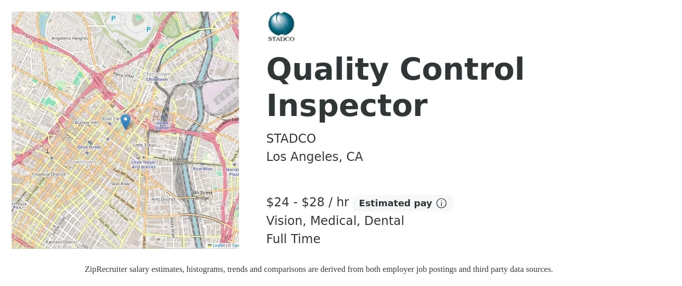STADCO job posting for a Quality Control Inspector in Los Angeles, CA with a salary of $25 to $30 Hourly and benefits including vision, dental, life_insurance, medical, and pto with a map of Los Angeles location.