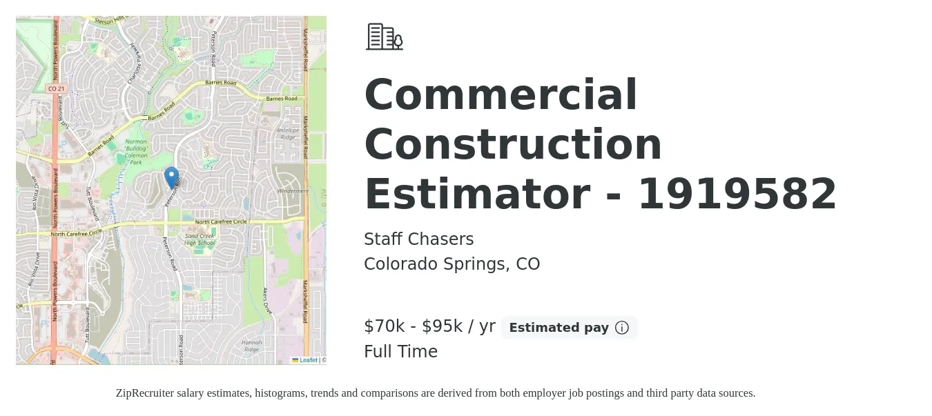 Staff Chasers job posting for a Commercial Construction Estimator - 1919582 in Colorado Springs, CO with a salary of $70,000 to $95,000 Yearly with a map of Colorado Springs location.