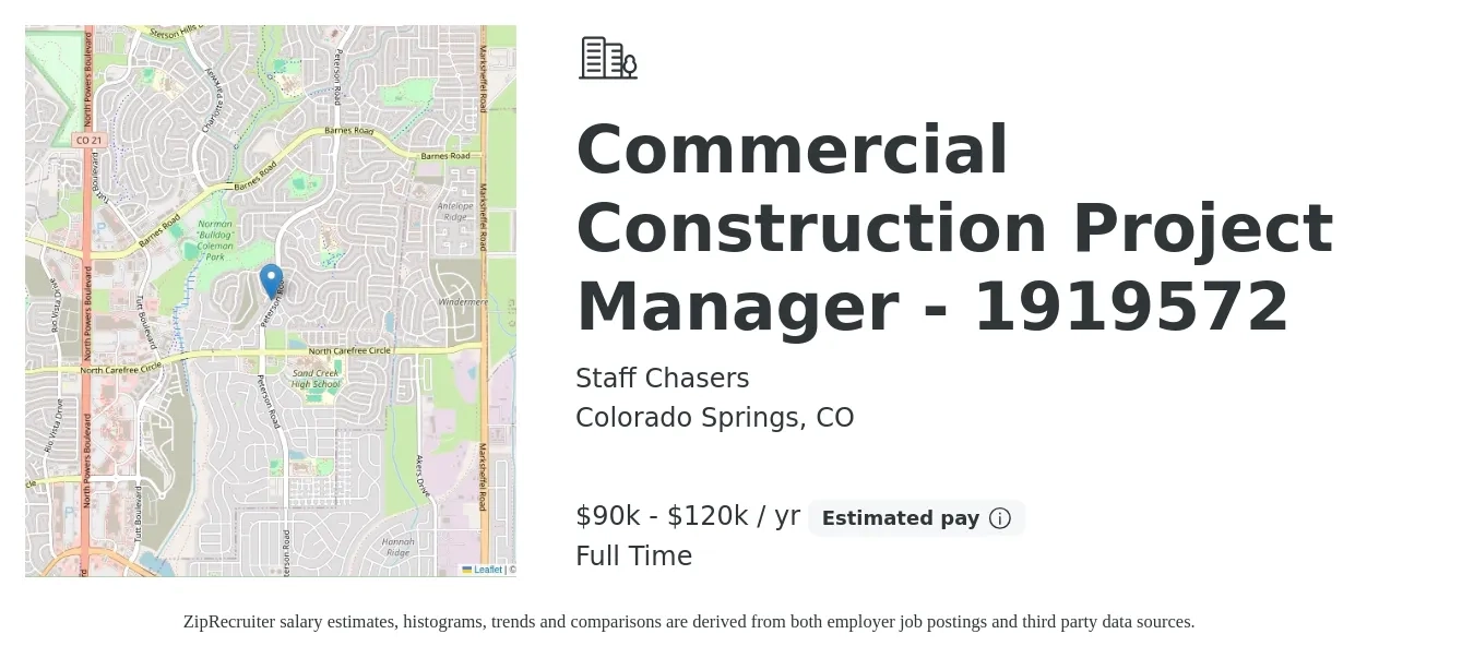 Staff Chasers job posting for a Commercial Construction Project Manager - 1919572 in Colorado Springs, CO with a salary of $90,000 to $120,000 Yearly with a map of Colorado Springs location.