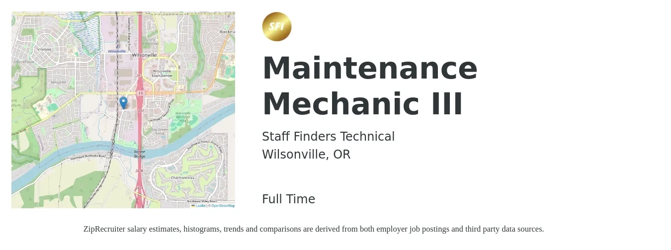 Staff Finders Technical job posting for a Maintenance Mechanic III in Wilsonville, OR with a salary of $26 to $33 Hourly with a map of Wilsonville location.