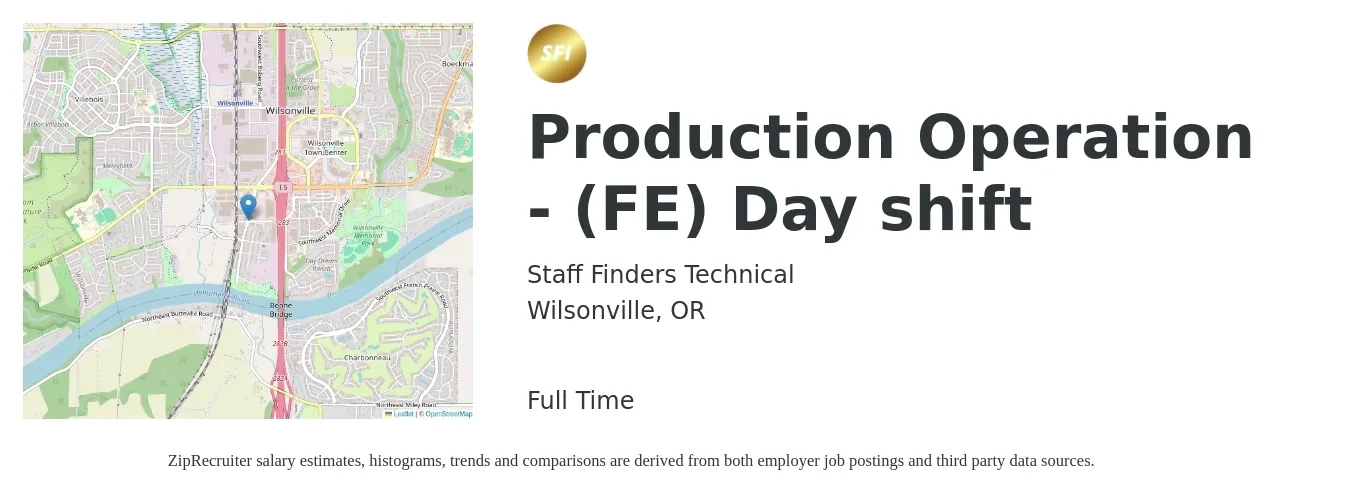 Staff Finders Technical job posting for a Production Operation - (FE) Day shift in Wilsonville, OR with a salary of $16 to $20 Hourly with a map of Wilsonville location.