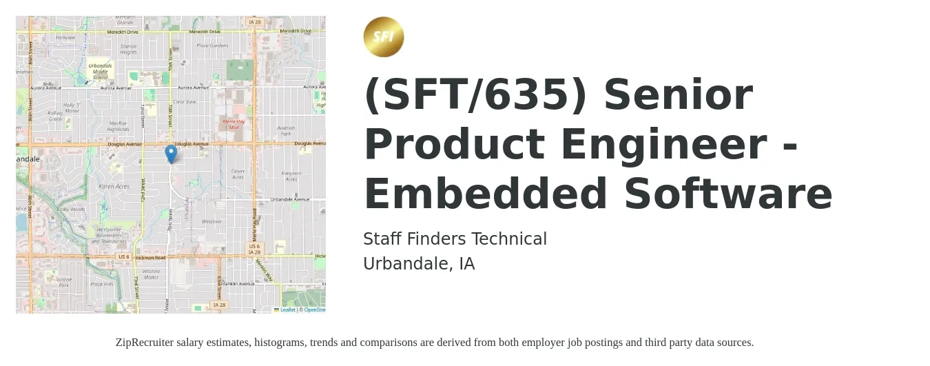 Staff Finders Technical job posting for a (SFT/635) Senior Product Engineer - Embedded Software in Urbandale, IA with a salary of $117,400 to $153,800 Yearly with a map of Urbandale location.