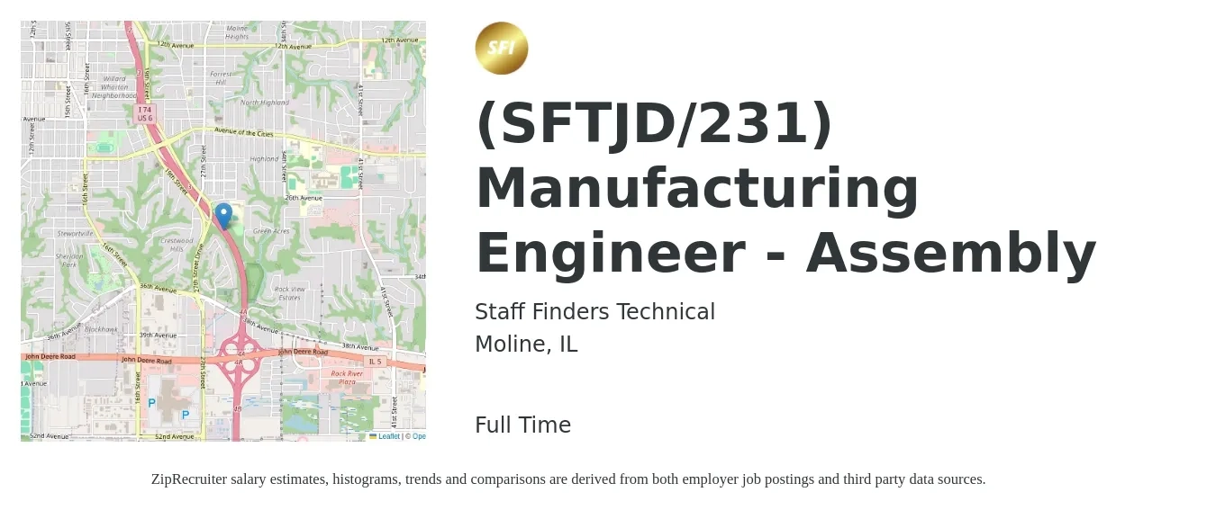 Staff Finders Technical job posting for a (SFTJD/231) Manufacturing Engineer - Assembly in Moline, IL with a salary of $34 to $39 Hourly with a map of Moline location.