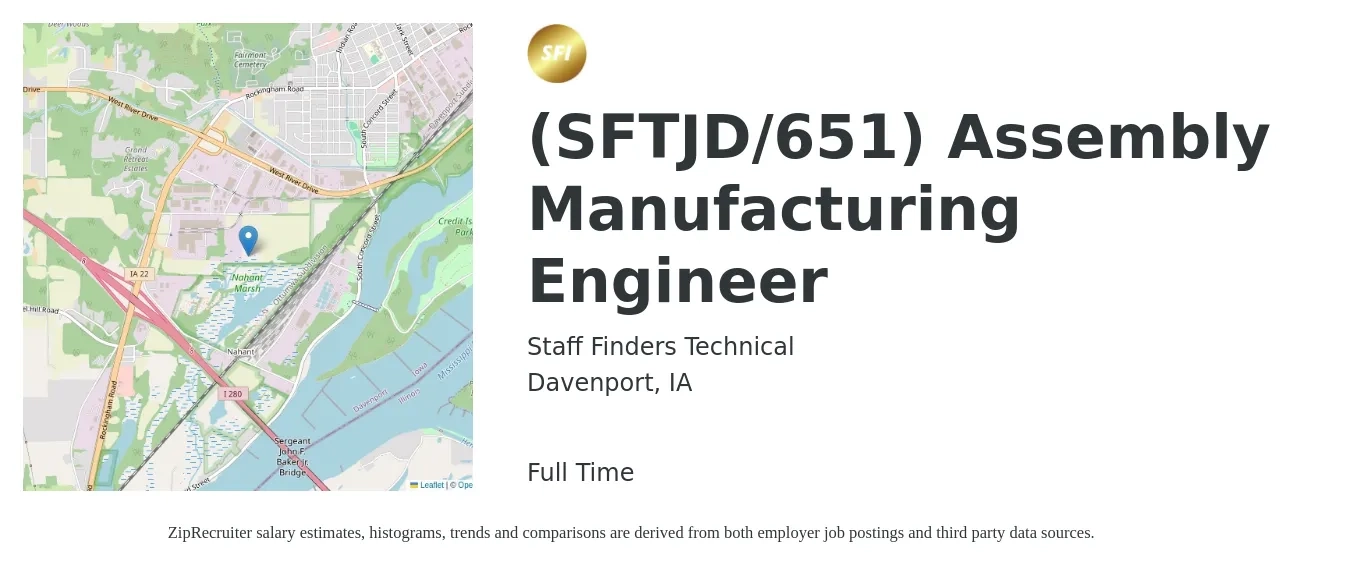 Staff Finders Technical job posting for a (SFTJD/651) Assembly Manufacturing Engineer in Davenport, IA with a salary of $35 to $41 Hourly with a map of Davenport location.