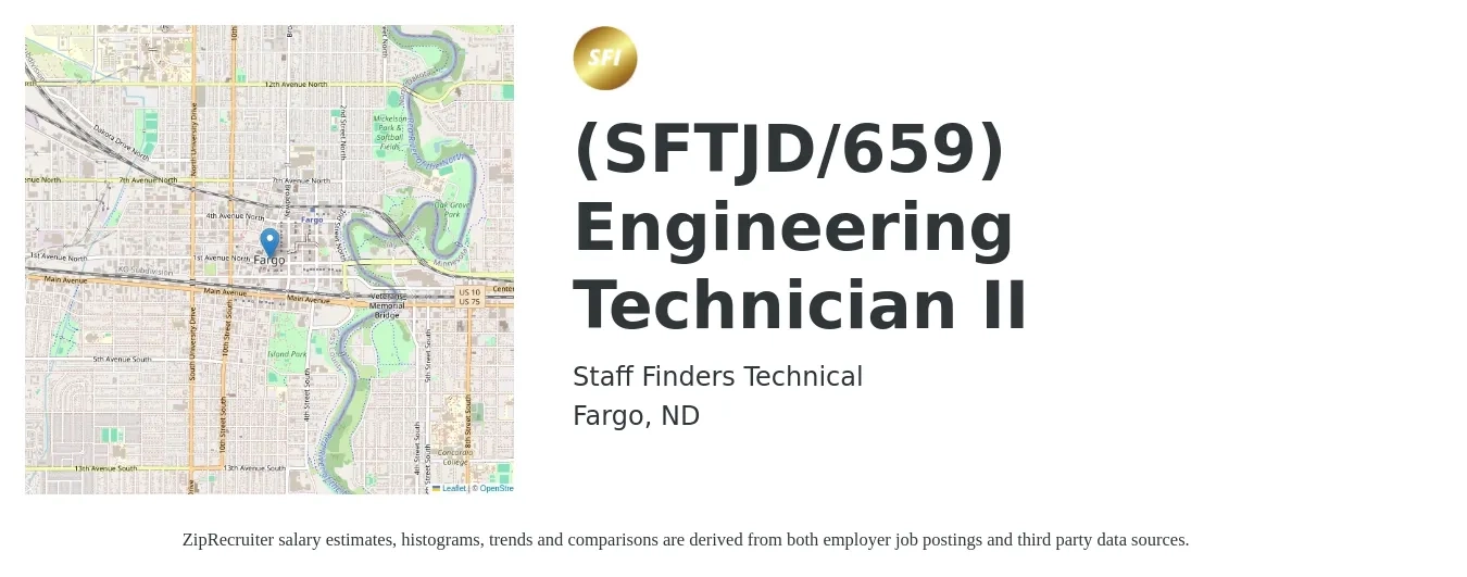 Staff Finders Technical job posting for a (SFTJD/659) Engineering Technician II in Fargo, ND with a salary of $46,100 to $70,700 Yearly with a map of Fargo location.