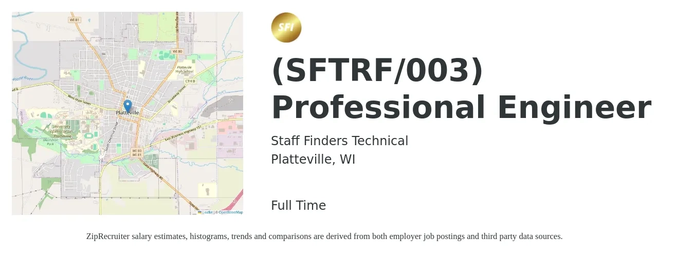 Staff Finders Technical job posting for a (SFTRF/003) Professional Engineer in Platteville, WI with a salary of $80,800 to $107,700 Yearly with a map of Platteville location.