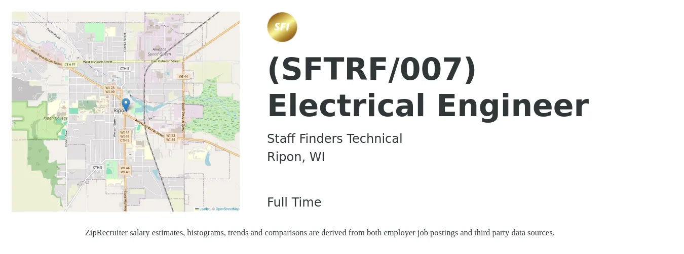 Staff Finders Technical job posting for a (SFTRF/007) Electrical Engineer in Ripon, WI with a salary of $83,800 to $133,300 Yearly with a map of Ripon location.