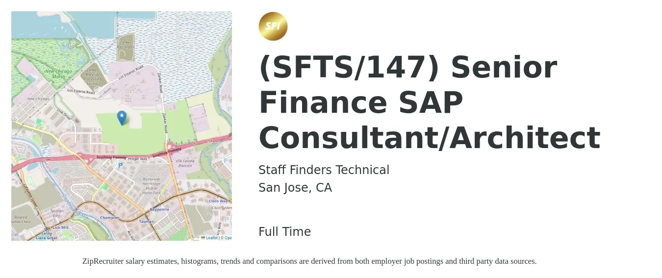 Staff Finders Technical job posting for a (SFTS/147) Senior Finance SAP Consultant/Architect in San Jose, CA with a salary of $116,000 to $147,700 Yearly with a map of San Jose location.