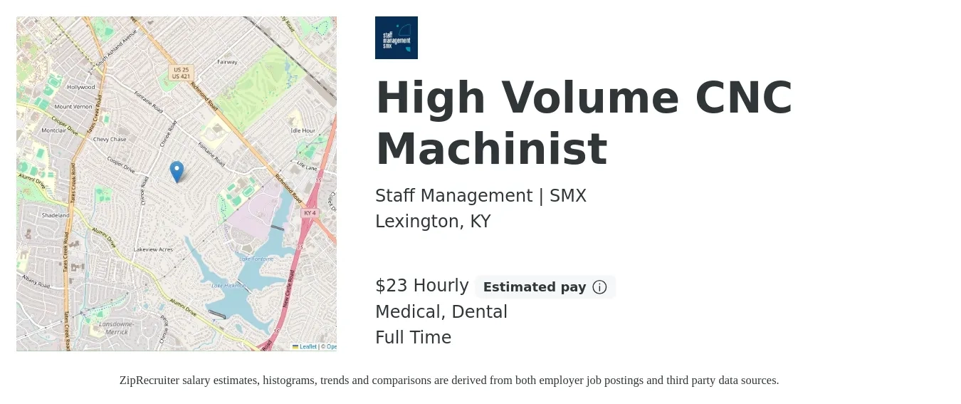 Staff Management | SMX job posting for a High Volume CNC Machinist in Lexington, KY with a salary of $25 Hourly and benefits including medical, pto, and dental with a map of Lexington location.