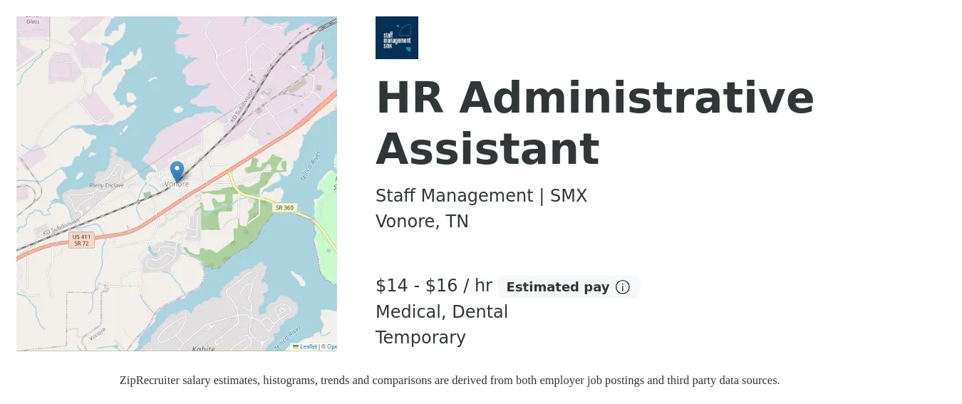 Staff Management | SMX job posting for a HR Administrative Assistant in Vonore, TN with a salary of $15 to $17 Hourly and benefits including life_insurance, medical, and dental with a map of Vonore location.