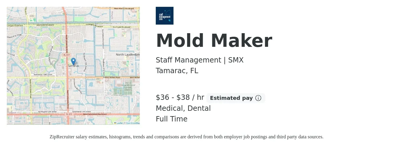 Staff Management | SMX job posting for a Mold Maker in Tamarac, FL with a salary of $38 to $40 Hourly and benefits including dental, and medical with a map of Tamarac location.