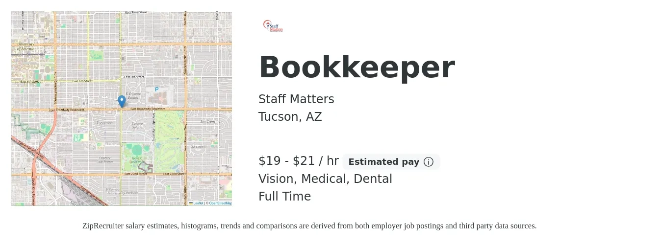 Staff Matters job posting for a Bookkeeper in Tucson, AZ with a salary of $22 Hourly and benefits including vision, dental, and medical with a map of Tucson location.
