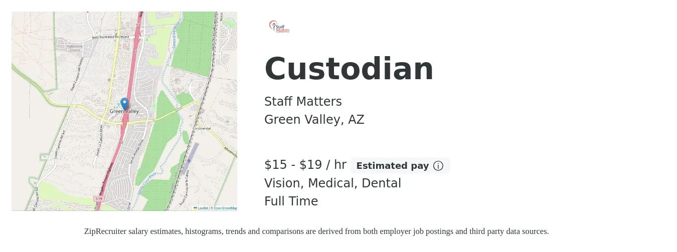 Staff Matters job posting for a Custodian in Green Valley, AZ with a salary of $16 to $20 Hourly and benefits including vision, dental, and medical with a map of Green Valley location.